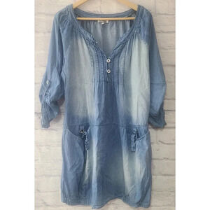 La Fille Du Couturier Chambray Dress Women's 44 Blue Popover Roll Tab Sleeves